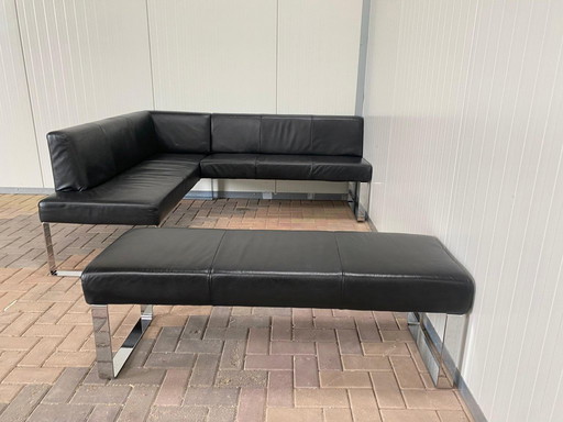 Black Genuine Leather Dining Corner Sofa with Footstool