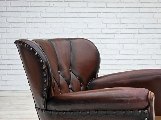 Image 1 of 1930s, Danish armchair, brown furniture leather, velour.