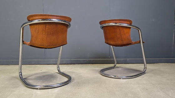 Image 1 of Vintage eetkamerstoelen van leer en chroom van Willy Rizzo, jaren 70 - set van 8