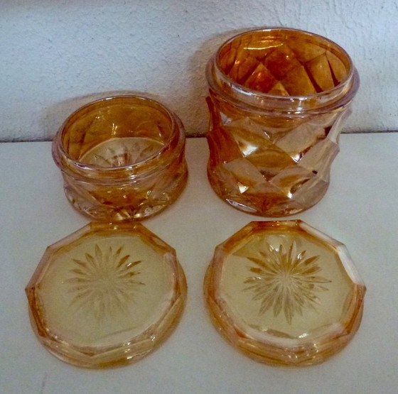 Zeldzame 7-Delige Vintage Carnival Glass Kaptafelset / Toiletset – Amber Iriserend Glas. – Decoratie, Metal (photo 7 of 10)