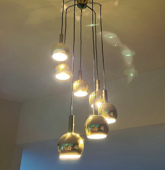 Image 1 of Lampada a sospensione vintage in ottone a cascata in stile spaziale