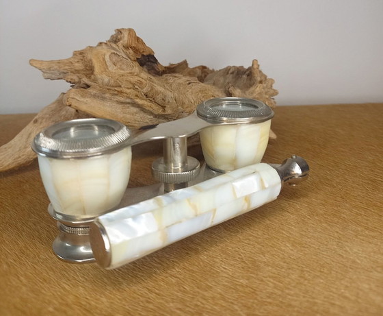 Image 1 of Vintage theatre glasses (opera glasses), made of metal and finished with mother-of-pearl (nacre) shell inlay.