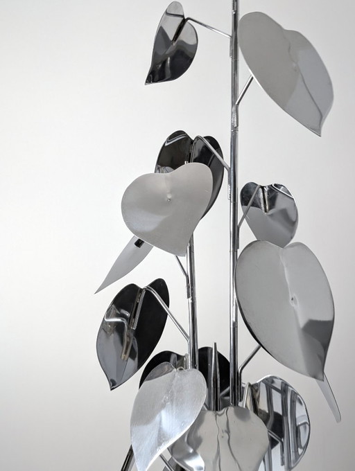 Chrome Leaf Floor Sculpture on Circular Base, 1970s