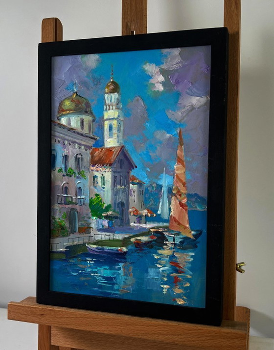 Image 1 of Original Oil Painting Coastal City Landscape The sea gently caresses the buildings