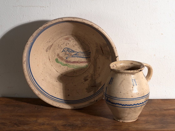 Pair of Antique Glazed Ceramic Bowl and Jug, Central Europe, circa 1900, Crockery, Blue (photo 4 of 14)
