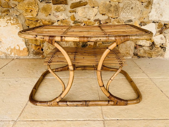 Image 1 of Tavolino da caffè in bambù e rattan con portariviste, stile metà secolo, di Tito Agnoli, circa anni '60.