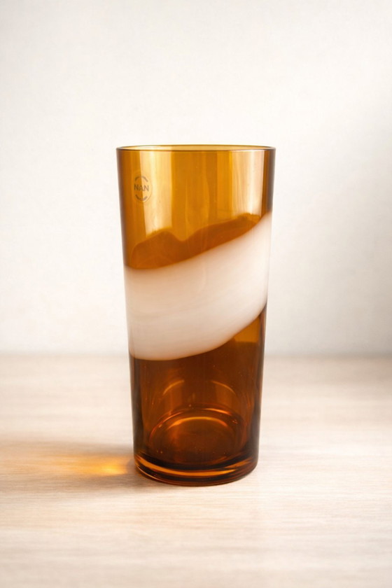 Image 1 of Carlo Nason Murano Glass Vase – "Mou" Collection – Amber & White Lattimo – Signed