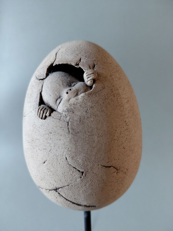 Exclusive Handmade Ceramic Sculpture, 'New Life' on Museum Base, Beige (photo 5 of 7)