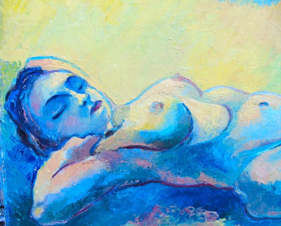 Image 1 of Origineel vintage olieverfschilderij "Nu Couché" Expressionistische liggende naaktfiguur op paneel