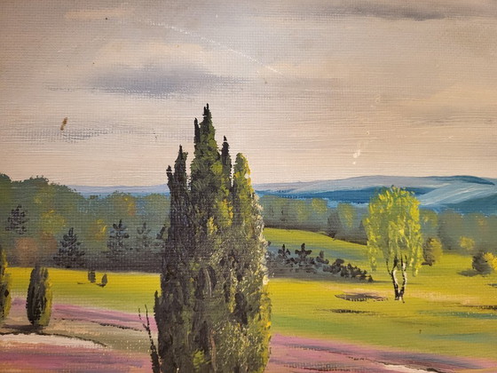 Image 1 of Olieverfschilderij van een heidelandschap uit de jaren 1930/1940.