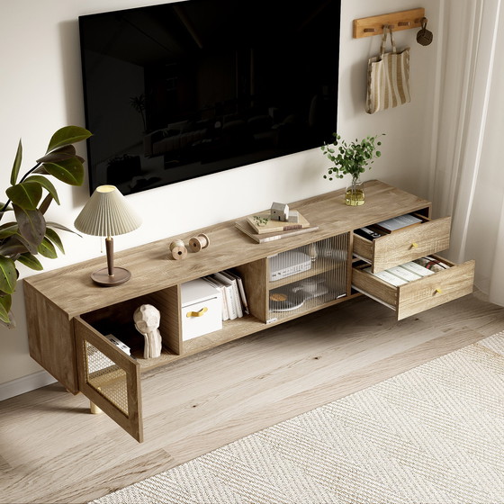 Image 1 of Urban Meuble TV-meubel in houtlook van rotan en glas met lades 172*35*48 cm