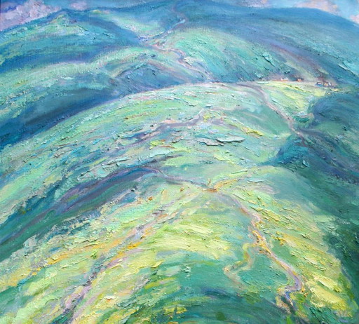 Original Oil Painting Landscape Nature Valley High In The Mountains – schilderijen tekeningen, Canvas (photo 2 of 5)