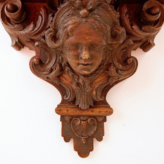 Image 1 of Estantería de pared antigua de madera tallada a mano - siglo XIX