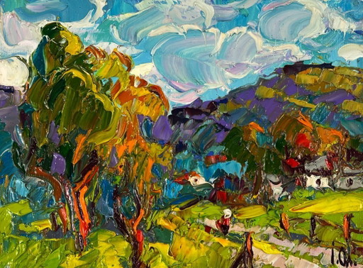 Dipinto ad olio originale: Paesaggio naturale, Un villaggio ai piedi delle montagne