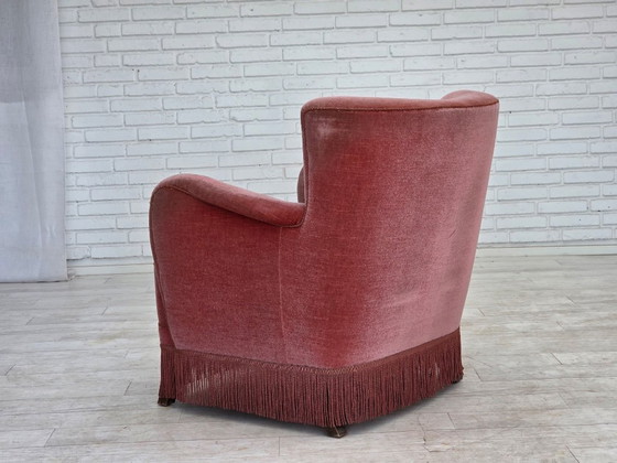 Image 1 of 1970s, Danish armchair, salmon pink furniture velour, oak wood.