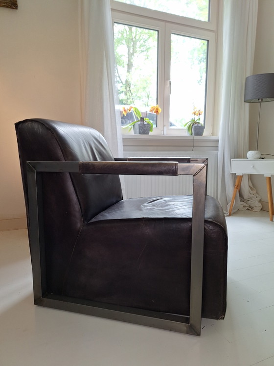 Image 1 of Industrieller Sessel aus Stahl und robustem braunem Leder