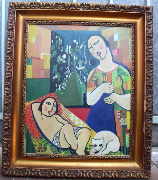 1960s Béla Kádár (Attr.) Modernist Figural Composition Nude and Cat