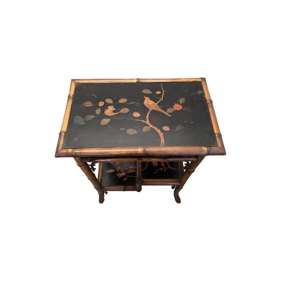 Antique Victorian Side Table with Chinoiserie, c. 1890, Bamboo, Brown (photo 6 of 7)