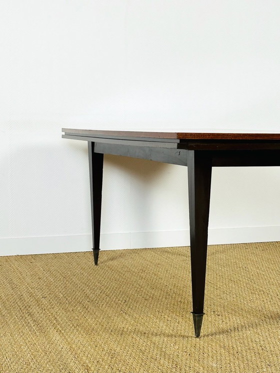 Image 1 of Table à manger art déco en marqueterie à chevrons vernie avec rallonges, 1940