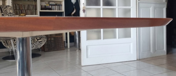 Image 1 of Modernist oval dining table, white top & chrome star base, vintage, 1960s