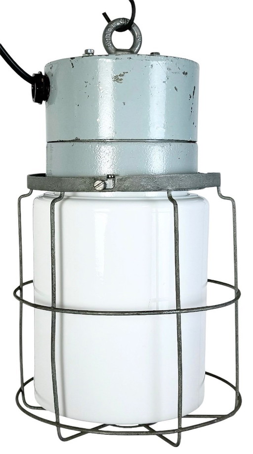 Industrial Aluminium Cage Light with Milk Glass from Elektrosvit, 1970s