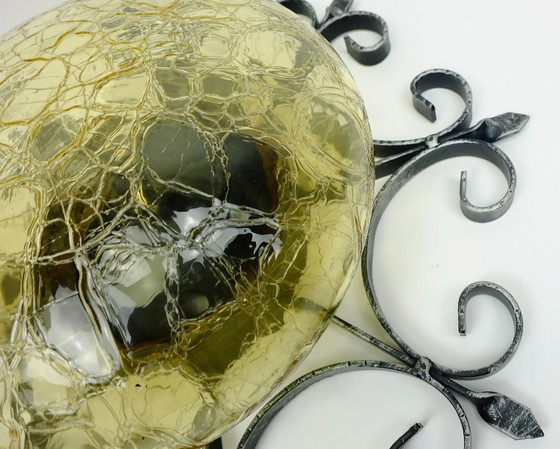 Image 1 of outstanding 1970's modernist brutalist wall lamp SCONCE wrought iron and amber glass