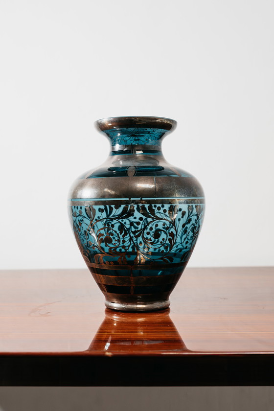 Image 1 of Glass and Silver Overlay Vase American Art Deco 1940’s Design