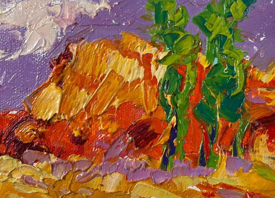 Image 1 of Peinture à l'huile originale, paysage de champ d'été, après-midi d'août