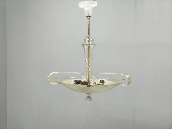 Image 1 of Art Deco kroonluchter van glas en messing, Tsjechoslowakije, jaren 1940