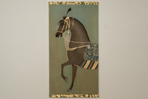 Painted canvas depicting a brown-coated Indian horse in profile. Contemporary.