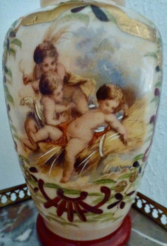 2x Antique Opaline Glass Vases – Neoclassical With Putti – 21 Cm. (photo 5 of 10)