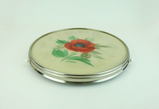 1930s rotatable CAKE PLATTER glass chrome cake plate floral decor poppy decor