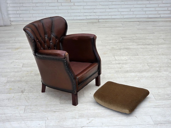 Image 1 of 1930s, Danish armchair, brown furniture leather, velour.