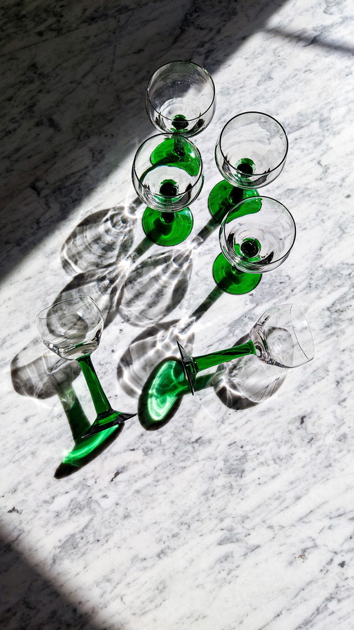 6x Vintage German/Mosel Wine Glasses Green Stem