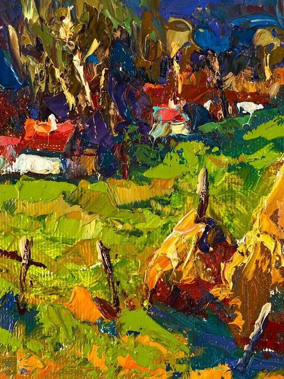 Image 1 of Dipinto ad olio originale Paesaggio rurale Natura Covoni di fieno fuori dal villaggio