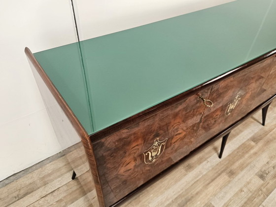 Image 1 of Mid-Century Mahogany Sideboard with Teal Glass and Compartments with Drawers, 1950