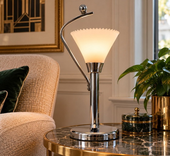 Tischlampe im Art Deco-Stil, verchromt, modernistisches Design, Tischlampen, Glas, Weiß (Foto 2 von 10)