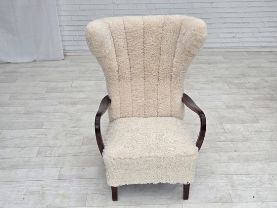 1960s, Danish high-back armchair, genuine sheepskin, reupholstered. – Wood (photo 17 of 22)
