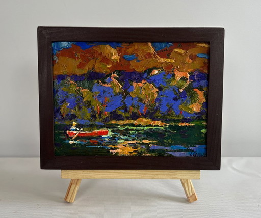 Original Oil Painting Autumn River Landscape Evening boat ride