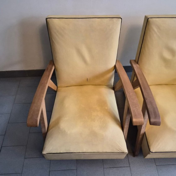 Image 1 of Pair of Vintage 1950s Armchairs with Compass Legs, Beech & Yellow Vinyl, 50s Rockabilly Style