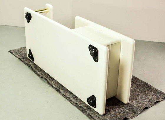 Image 1 of White High Gloss Lacquered Free Form Mid-Century Italian Design Coffee Table with Brass Accents.