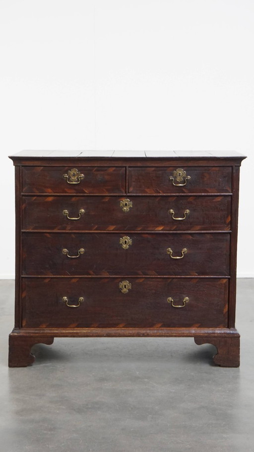 English antique oak chest of drawers with inlays of various woods