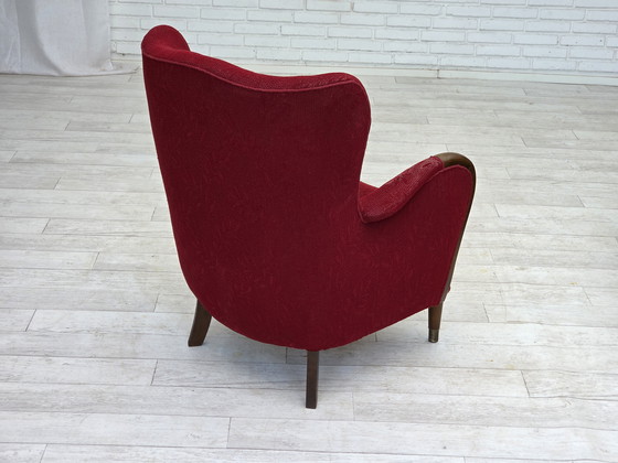 Image 1 of 1960s, fauteuil danois, état original, tissu en laine, pieds en bois de hêtre.