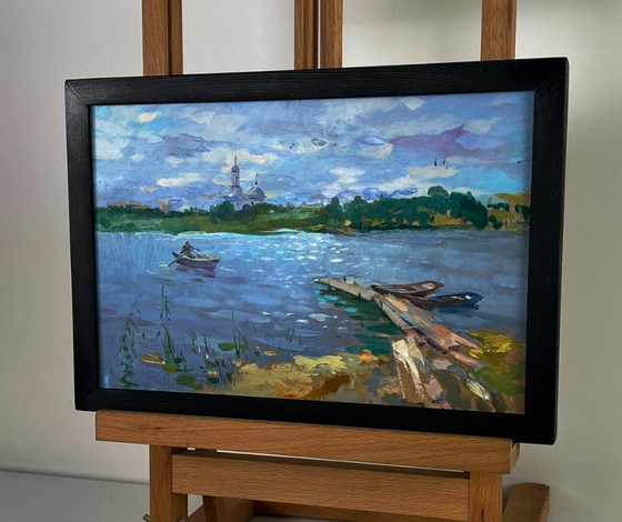 Image 1 of Origineel olieverfschilderij: Natuurlandschap, Kerk, Boot, Zomer, Vissen op de rivier