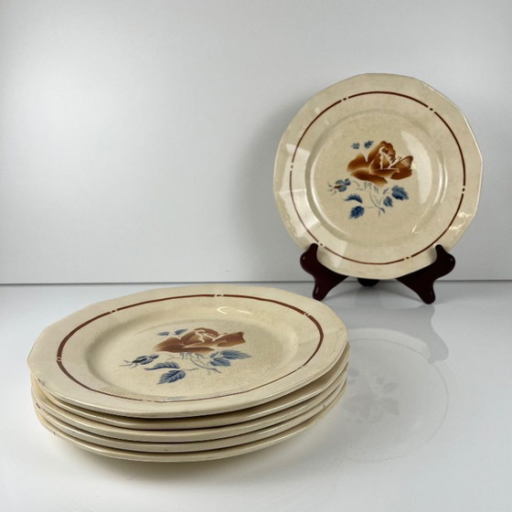 Image 1 of Set of 6 Sarreguemines Dessert Plates with Floral Motif, First Half of the 20th Century