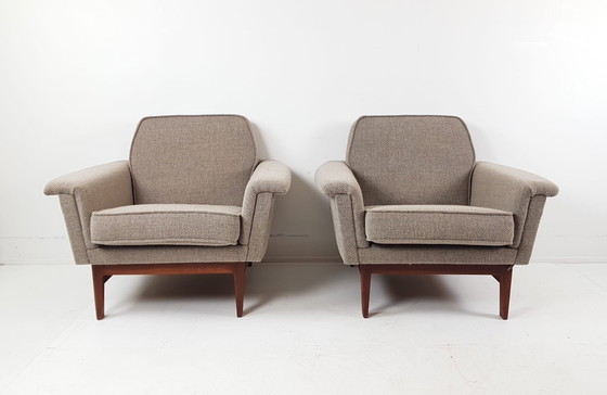 Image 1 of Set di divani vintage in legno di teak | divano + 2 poltrone in lana beige De Ploeg