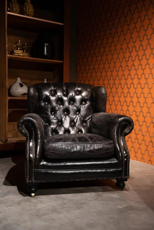 Chesterfield Timothy Oulton Fauteuil Zwart Craqulee leer