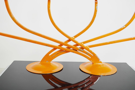 Image 1 of  1970s Orange Candelabra Large Metal Sculptural Mid Century Retro Candle Holder Space Age Statement Centrepiece 