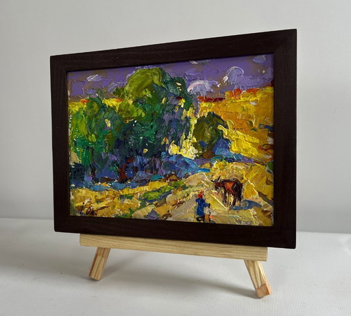 Original Oil Painting Summer Field Landscape Walking a cow in a field