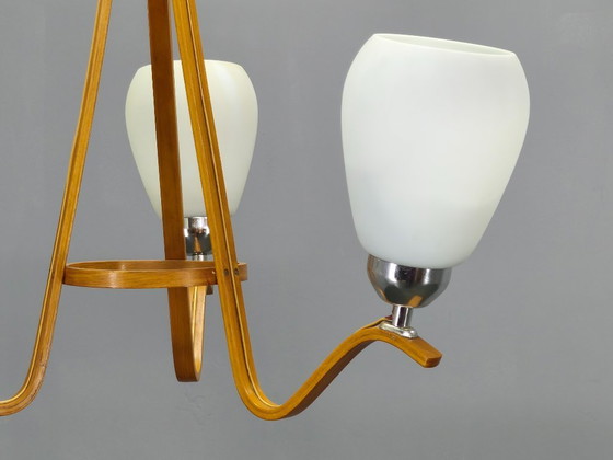 Image 1 of Pair of Czech Mid-Century Wood and Glass Chandeliers by Dřevo Humpolec